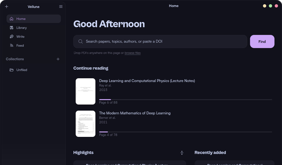 Vellune running on Linux: the home screen with search, reading progress, highlights, and recently added papers.