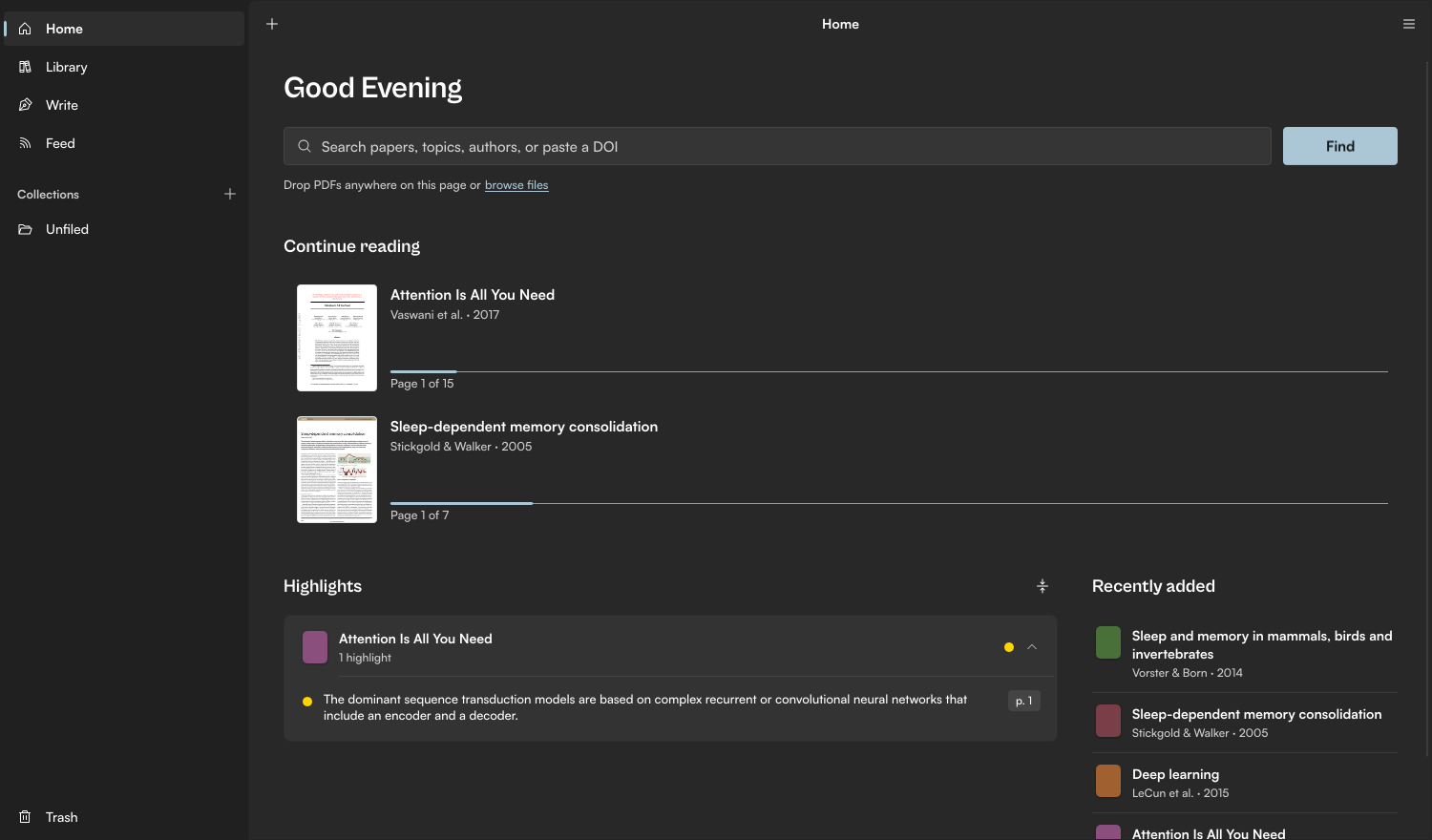 Vellune's home screen: a search box, the papers you are reading, your highlights, and recently added papers.